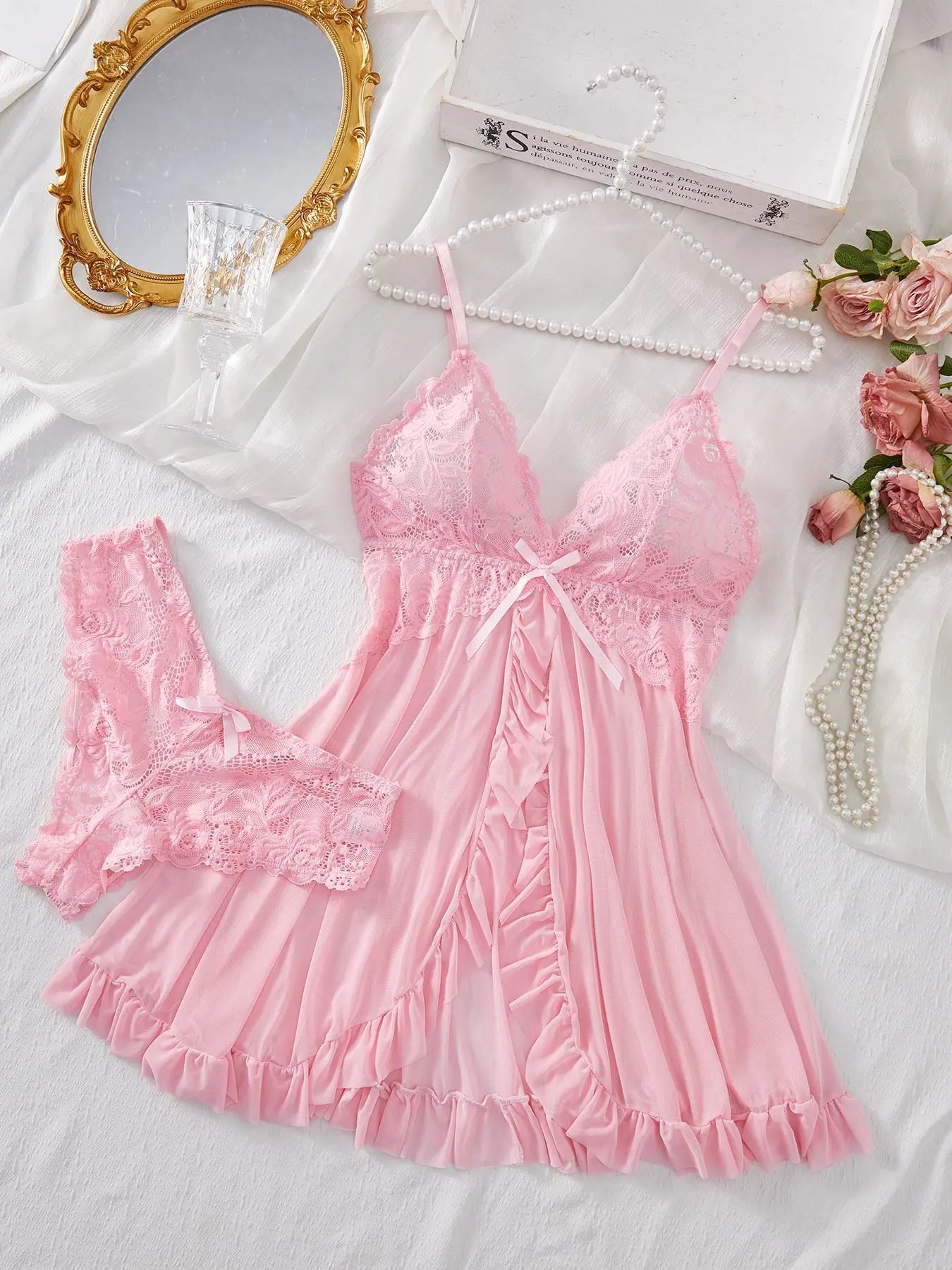 “Vestido de dormir rosa con encaje”🌸