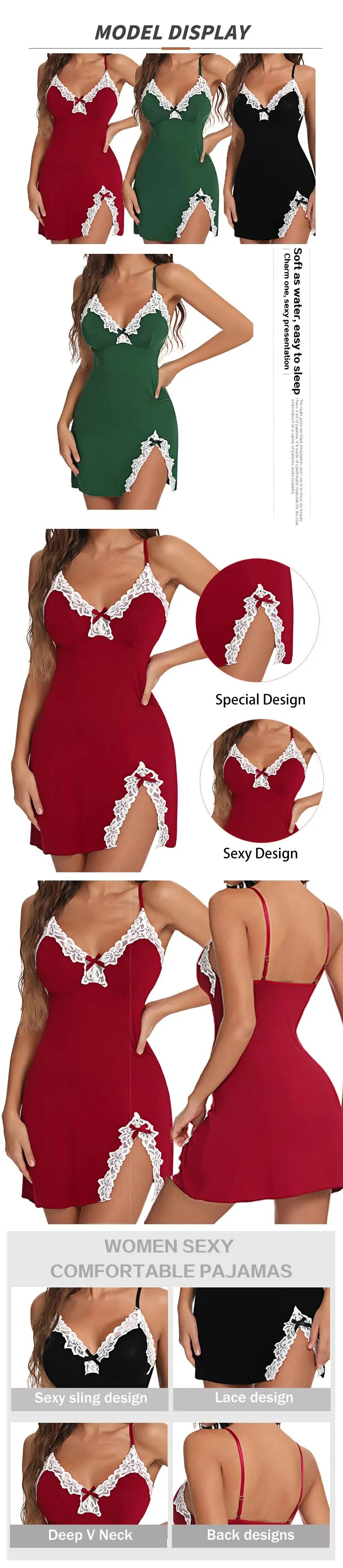 “Vestido de dormir sexy de satén con encaje”