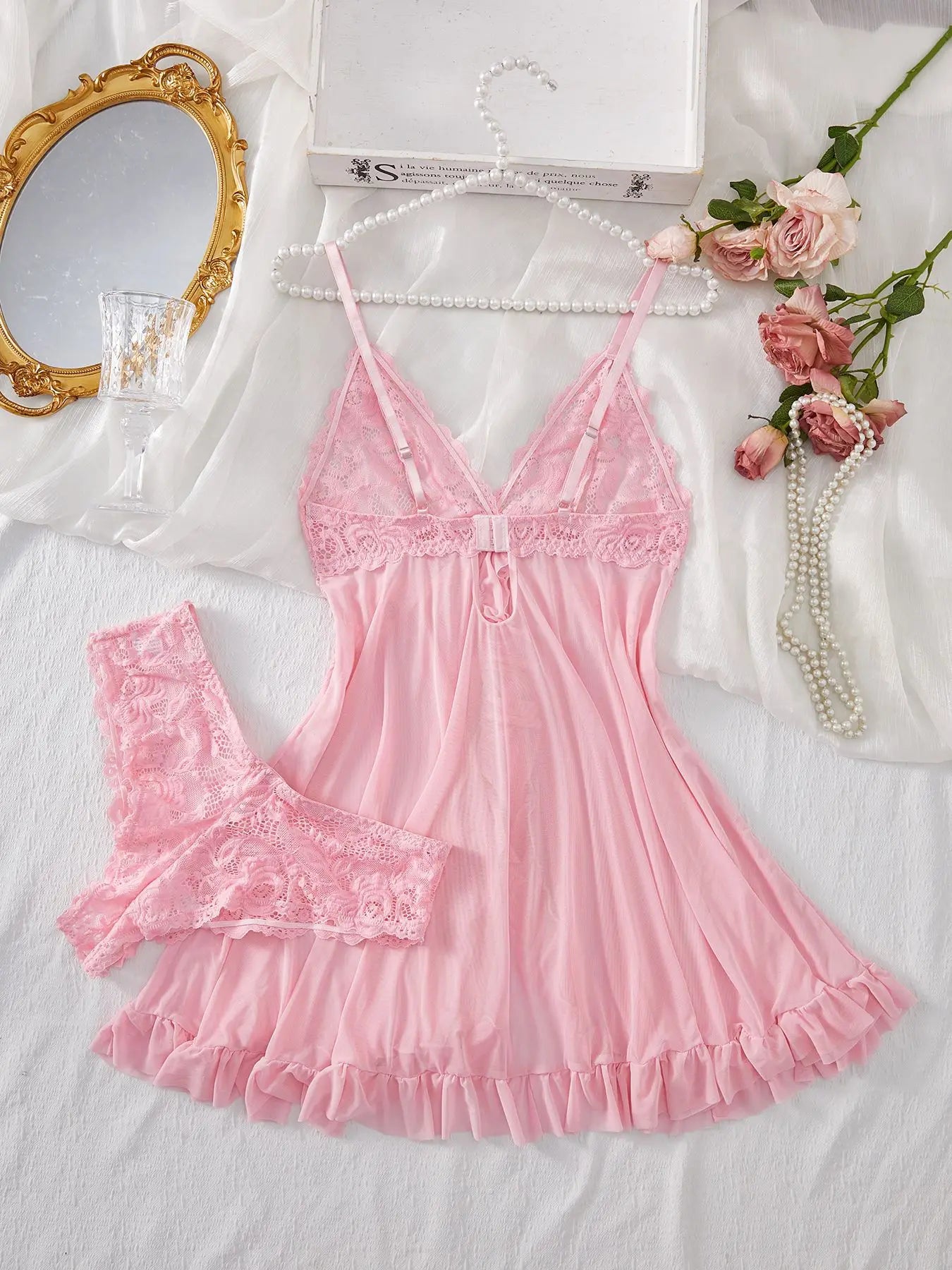 “Vestido de dormir  rosa  con encaje”🌸