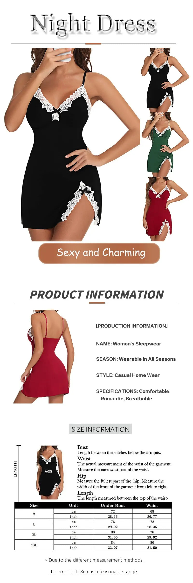 “Vestido de dormir sexy de satén con encaje”