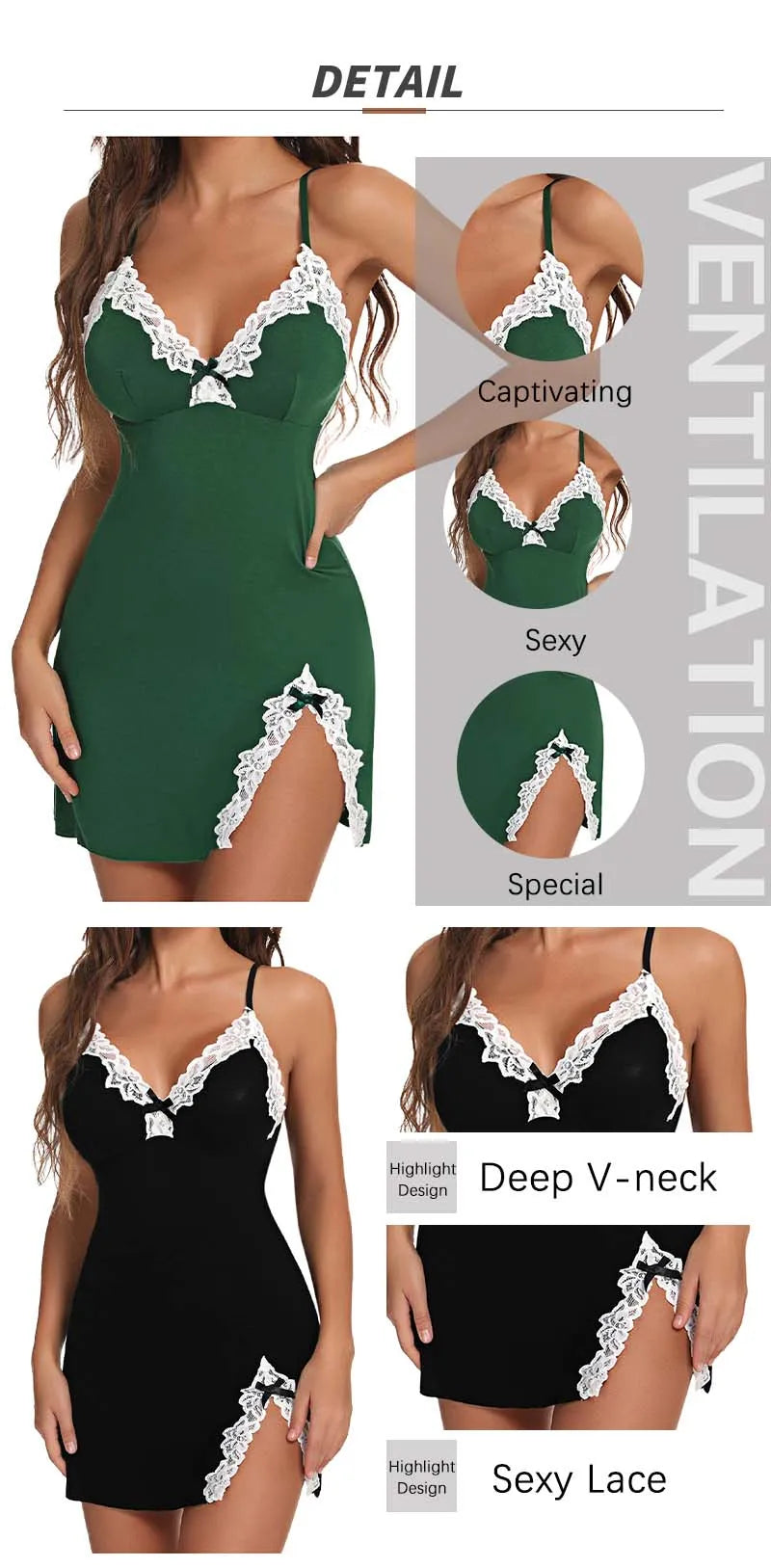 “Vestido de dormir sexy de satén con encaje”