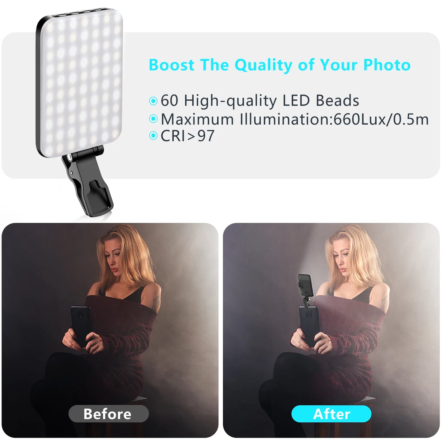 👉 Luz LED Selfie 60 Modos – Clip Recargable para Teléfono, iPad y Cámara
