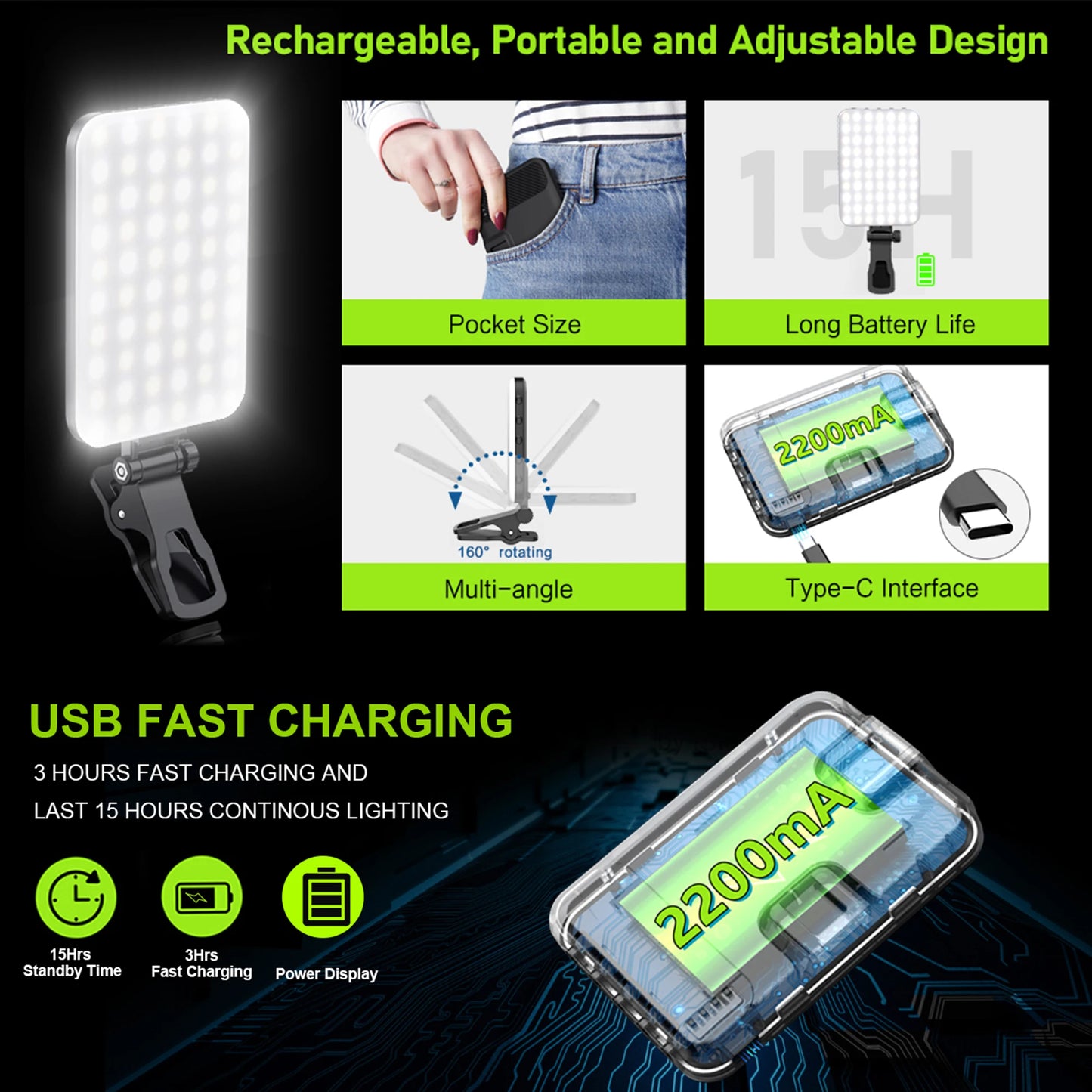 👉 Luz LED Selfie 60 Modos – Clip Recargable para Teléfono, iPad y Cámara